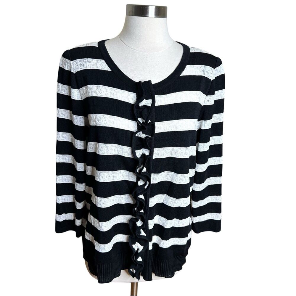 Exclusively Misook Cardigan Womens Large Black White Striped Ruffled Snap Front